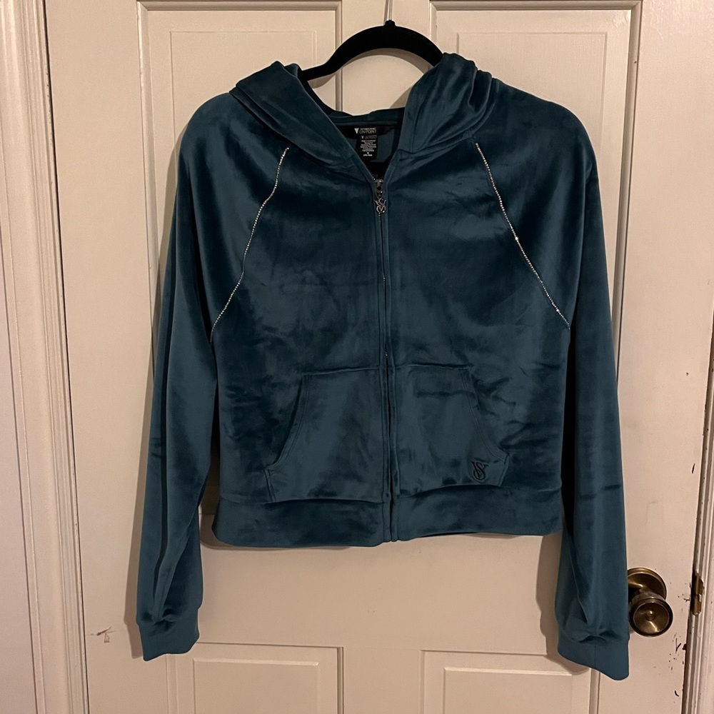 Teal Velour Victoria’s Secret Cropped Zip-Up Hoodie